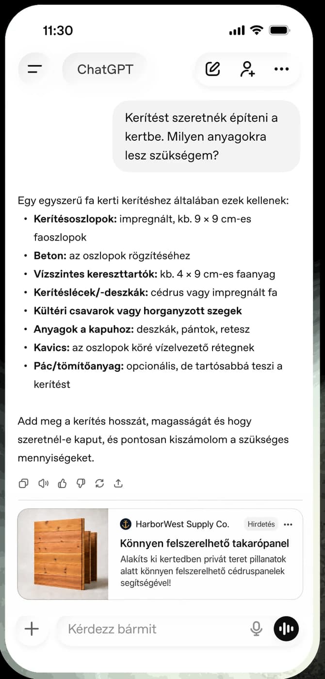 ChatGPT beszélgetés mobilon: a válasz alatt, attól elválasztva egy „Hirdetés” címkéjű hirdetési kártya