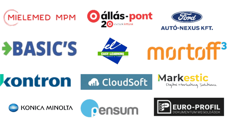 Partnereink: Mielemed MPM, Állás-pont, Ford Autó-Nexus, Basic's, Easy Learning, Mortoff, Kontron, CloudSoft, Markestic, Konica Minolta, Pensum, Euro-Profil