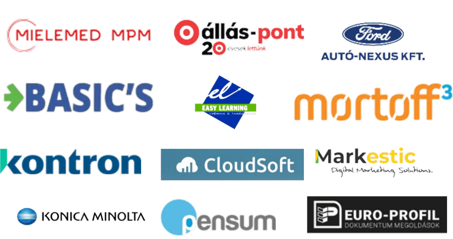 Partnereink: Mielemed MPM, Állás-pont, Ford Autó-Nexus, Basic's, Easy Learning, Mortoff, Kontron, CloudSoft, Markestic, Konica Minolta, Pensum, Euro-Profil